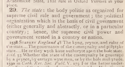 Oxford English Dictionary, 1933, volume X, page 852: state, sense 29, including body politic